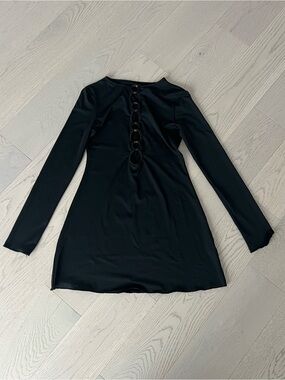 Black Long-Sleeve Mini Dress with Back Ring Detail